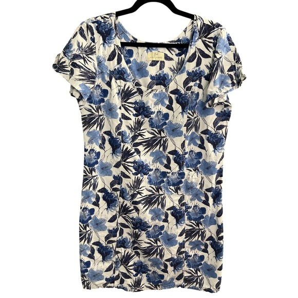 Beh Floral Mini Shift Dress XL White Blue Cotton Cap Sleeve Casual Work Bohemian - Picture 1 of 9